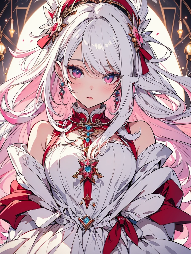 beautiful detailed eyes, beautiful detailed lips, extremely detailed eyes and face, longeyelashes, 1girl, white hair, anime style, hyper realistic, high quality, 8k, masterpiece, photorealistic, studio lighting, vivid colors, intricate details, elegant pose, soft lighting, cool color palette, cute and hot. White and pink, red . Dress