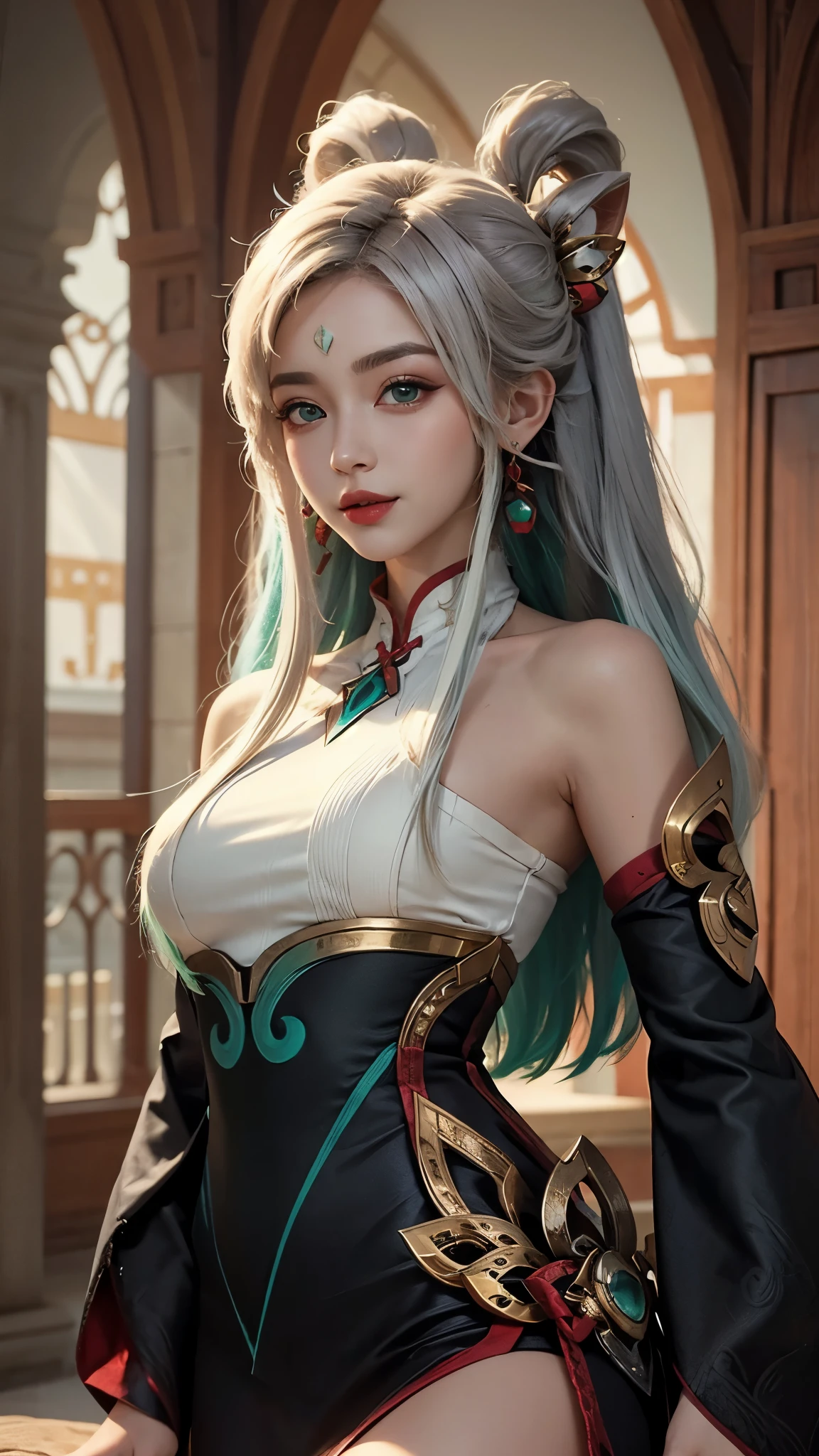 (masterpiece, best quality:1.2), intricate details, mythmaker irelia, 1girl, hair ornament, hair rings, bare shoulders, dress, detached sleeves, forehead mark, multicolored hair, white hair, earrings, green eyes, textured skin, looking at viewer, solo, light smile, (mature female:1.2)