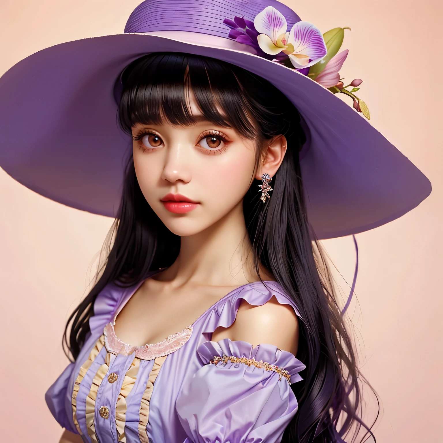 a close up of a woman with a hat and a dress, melanie martinez, her face looks like an orchid, she looks like a mix of grimes, # rococo, old timey, belle delphine, her hair is white, photographed on colour film, beautiful stella maeve magician, with hat, gorgeous stella maeve magician, & her expression is solemn