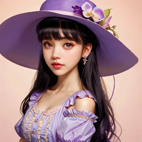 a close up of a woman with a hat and a dress, melanie martinez, her face looks like an orchid, she looks like a mix of grimes, #...