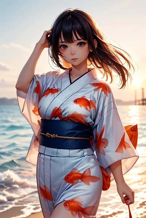(She is walking along the beach wearing a goldfish patterned yukata..:1.3), White skin, Stained Glass Background, Absurd, High r...