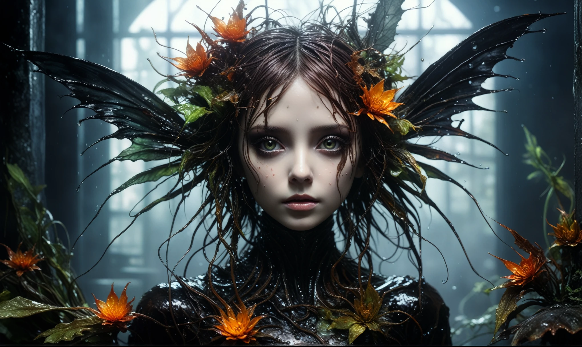  a black copper plant girl made of dead plants,a girl made of plants, placed in Silent Hill, atmosphere with backlit,city on background,chinesse pixie,A charming and fascinating creature with otherworldly forms that blend the best aspects of the monster human form and the innocent charm of a precocious , once pretty, wings, (best quality: 1.4), (masterpiece: 1.2), detailed, complex, high resolution, iridescent colors, texture, complex, gorgeous, 3D, highly detailed, (Professional photography, extremely detailed),Tim Burton, Dale Chihuly, Bruce Zheng, Cyril Rolando, H. R. Giger $plastic$ Grid: Real Lenoid afremov style, wet, fire, extremely detailed, high detailed eyes,8k resolution,RAW,retina, Nikon Z9,Nicola Samori, Sergey Zabelin,Aerith Gainsborough