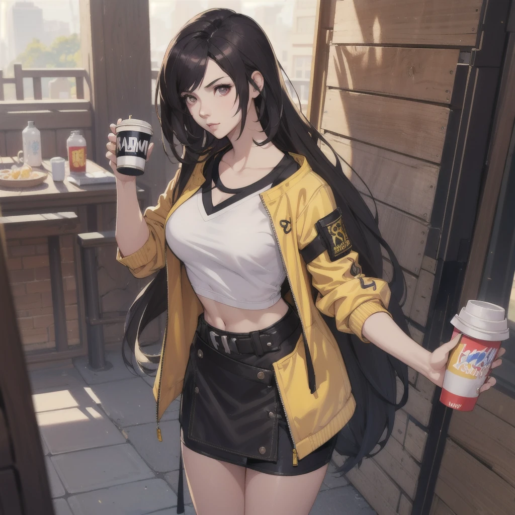 Una mujer vestida con una chaqueta amarilla y sosteniendo una taza de café., ArtJam extremadamente detallado, chica anime bebiendo bebida energética, Senna de League of Legends, lovely Bridget de Overwatch, Bridget de Overwatch, ruan jia y ArtJam, tendencia ArtJam, faye san valentin, como ArtJam, gama murata y ArtJam, hasta el modelo | ArtJam