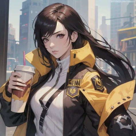 A woman wearing a yellow jacket and holding a coffee cup, extremely detailed ArtJam, Anime girl drinking energy drink, Senna fro...