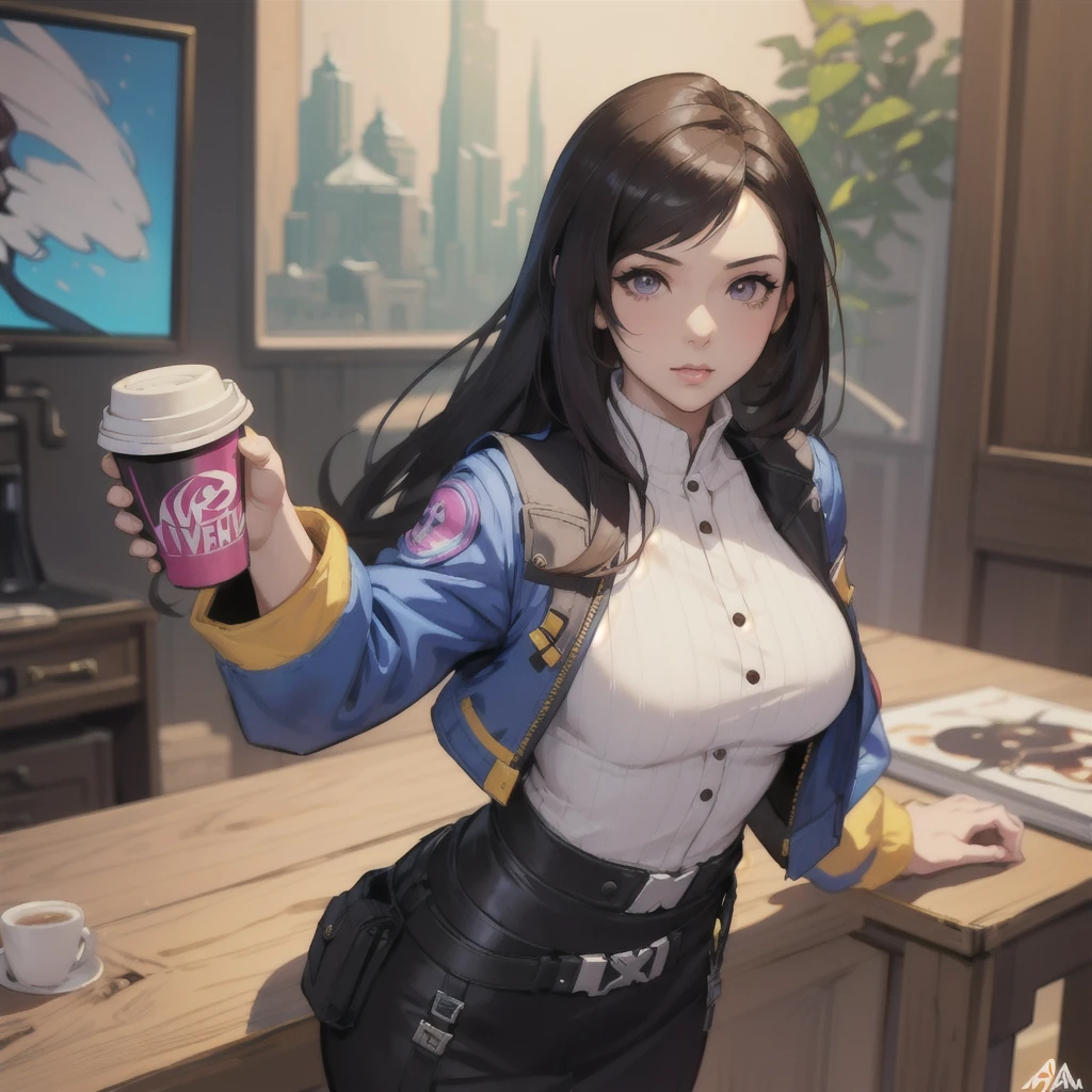 A woman wearing a yellow jacket and holding a coffee cup, extremely detailed ArtJam, Anime girl drinking energy drink, Senna from League of Legends, lovely Bridget from Overwatch, Bridget from Overwatch, ruan jia and ArtJam, trending ArtJam, Faye Valentine, like ArtJam, range murata and ArtJam, Up to the model | ArtJam