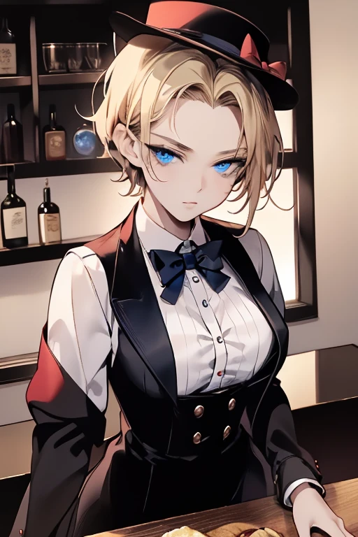 masterpiece, highest quality, 16k、High resolution, Cowboy Shot、Detailed face、Perfect Fingers、20-year-old woman、A beautiful woman dressed as a man 、blue eyes、blonde、short hair、Black tuxedo、Red bow tie、Black Top Hat、bar counter、Sit at the counter、suit thug