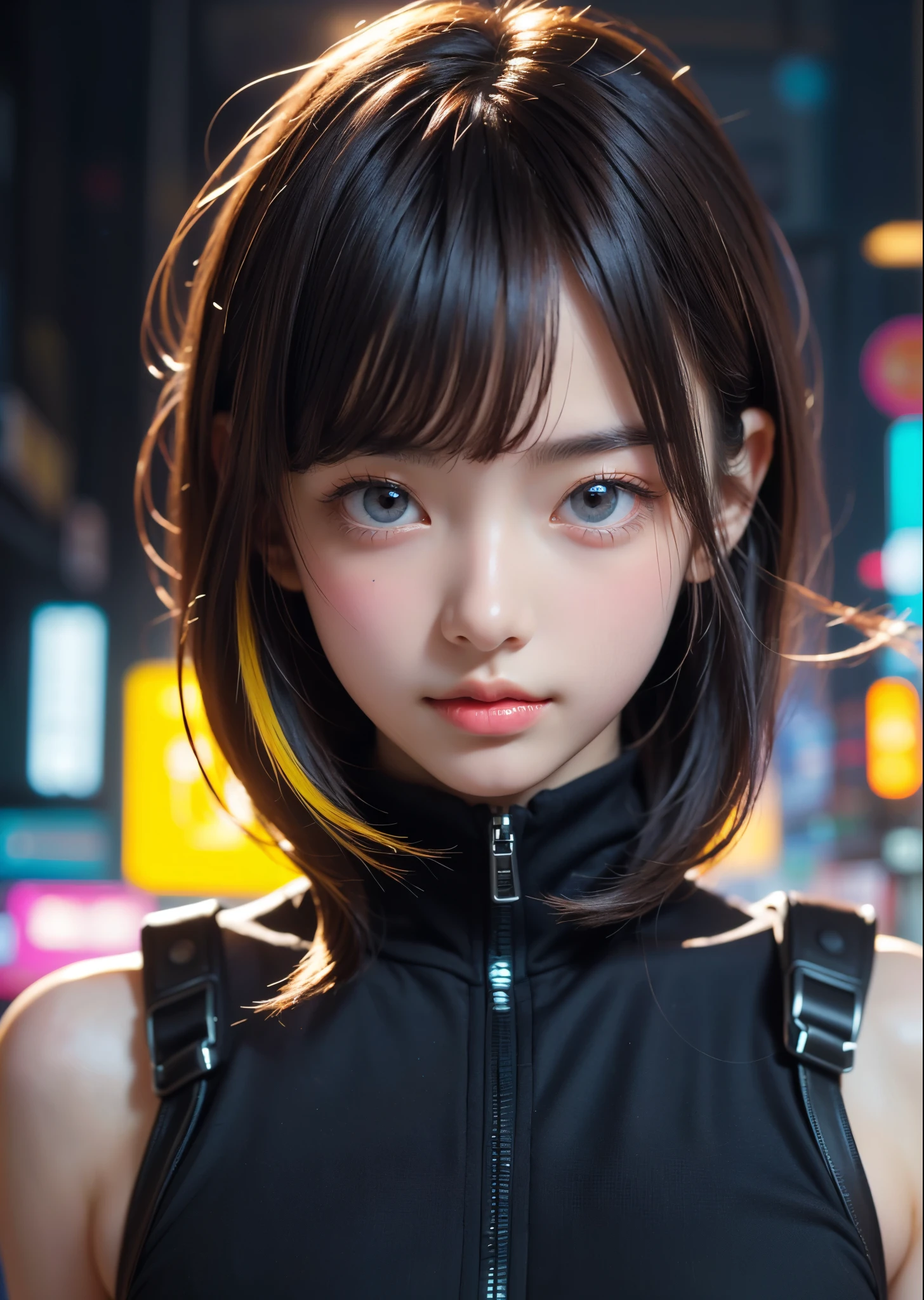 (masterpiece, highest quality, highest quality, Official Art, beautifully、aesthetic:1.2)、Portrait Photography、 (Cyberpunk fashion beautiful girl 1 person)、Big iridescent eyes、Beautiful skin、Expressionlesoderate breast size、（Pink and blue long hair with bangs）、Very detailed,(Neon colored fractal art:1.3)、Perfect lighting、Sharp focus、High resolution、High resolution、High color rendering、High resolution、Super realistic、