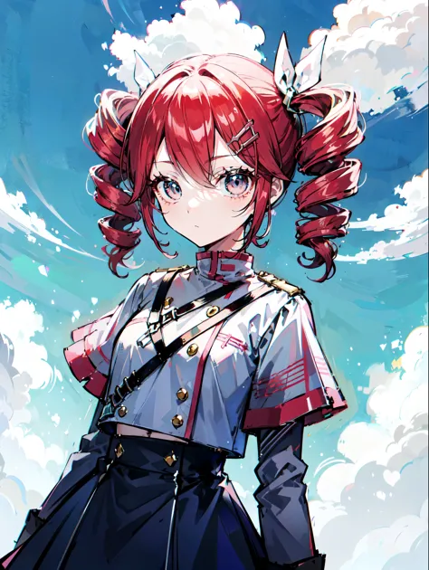 "cute, cute,1 girl, Short Twin Tails, Crimson Hair, Purple eyes,  She wears sky-themed clothing with clouds and sky motifs. Her ...