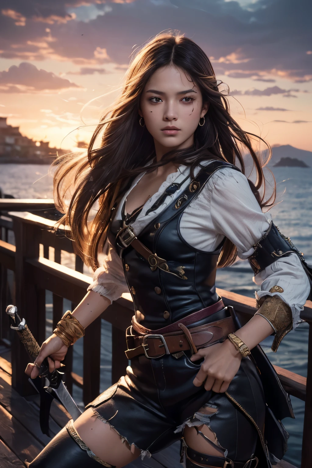 (Ultra quality:1.2), (Ultra detailed:1.2), (Ultra detailed clothes:1.2), (Ultra detailed face:1.2), (Ultra detailed eyes:1.2), (Ultra detailed body:1.2), (Ultra detailed weapons:1.2), young pirate girls, standing on the deck, torn clothes, different hair colors, sword fights, battlefield in the background, fire in the background, night, epic light, dramatic sky
