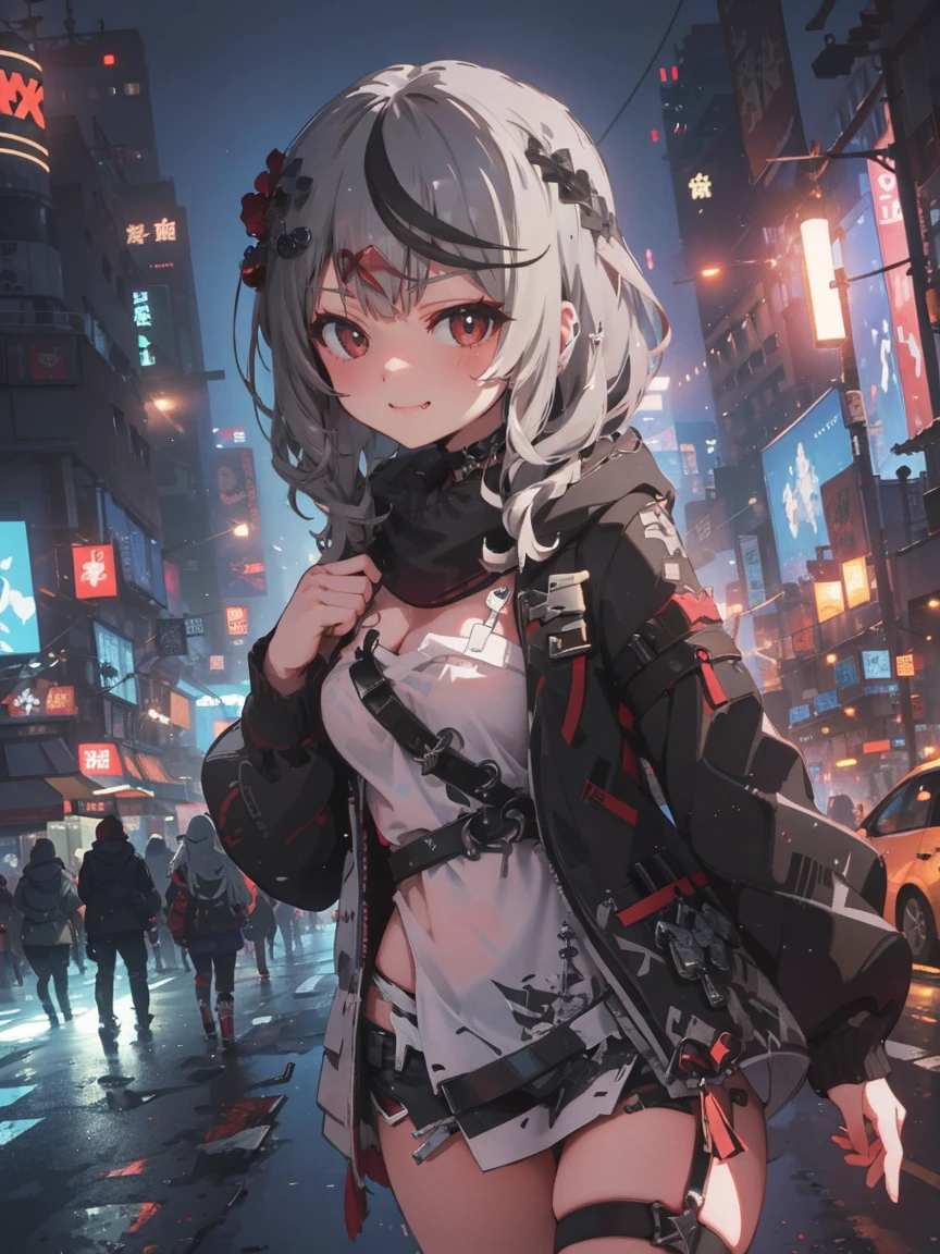 8K resolution, (highest quality), (masterpiece), 1girl,sakamata chloe,hololive , cyberpunk style in black, white, grey and neon colors, energy-filled illustrations with dynamic brushstrokes in the style of a storybook illustration