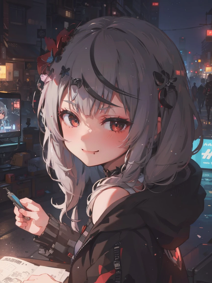 8K resolution, (highest quality), (masterpiece), 1girl,sakamata chloe,hololive , cyberpunk style in black, white, grey and neon colors, energy-filled illustrations with dynamic brushstrokes in the style of a storybook illustration