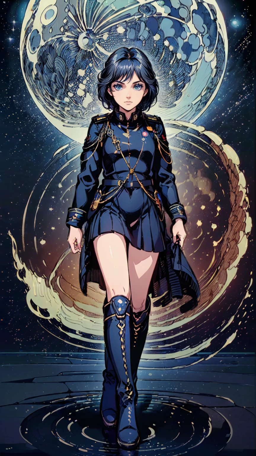 (((masterpiece, Best quality, a high resolution, ultra detailed),(Beautiful and aesthetically pleasing:1.2), detailed eyes and face, whole body, 1girl , Child, , walking beginner,  ((black hair)), ((Blue eyes)), detailed eyes and face, Cosmos, stars, moon, planets, beyond the sky, Cute,planetarium, military uniform, Military boots, army, Space Fleet 