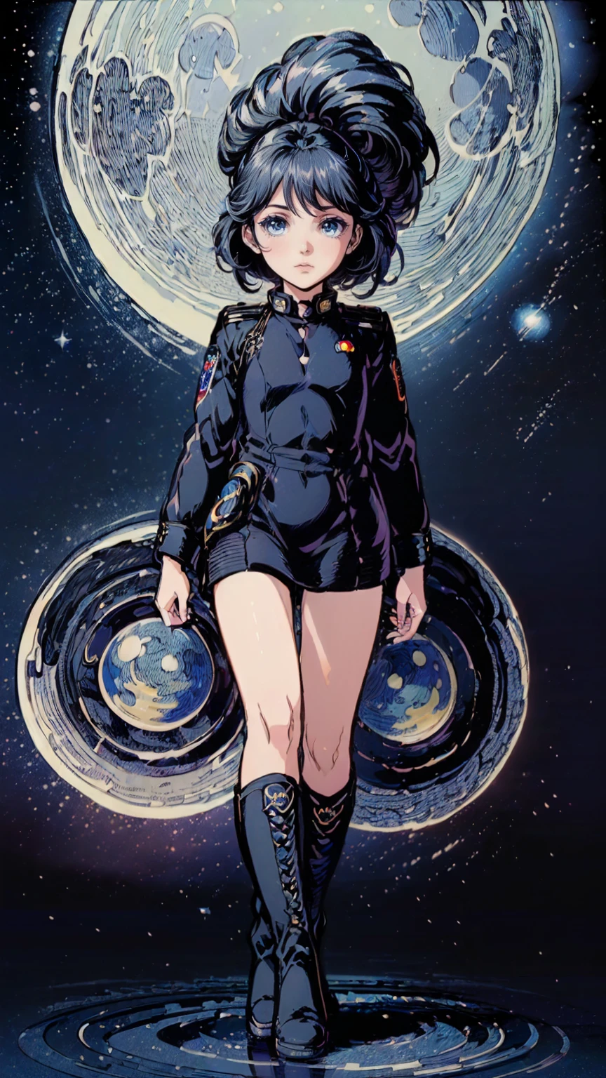 (((masterpiece, Best quality, a high resolution, ultra detailed),(Beautiful and aesthetically pleasing:1.2), detailed eyes and face, whole body, 1girl , Child, , walking beginner,  ((black hair)), ((Blue eyes)), detailed eyes and face, Cosmos, stars, moon, planets, beyond the sky, Cute,planetarium, military uniform, Military boots, army, Space Fleet 