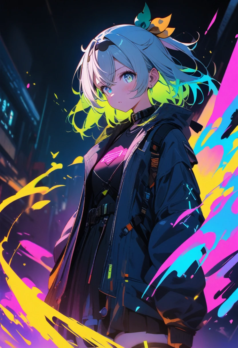 8K resolution, (highest quality), (masterpiece), 1girl,kazama iroha,hololive , cyberpunk style in black, white, grey and neon colors, energy-filled illustrations with dynamic brushstrokes in the style of a storybook illustration