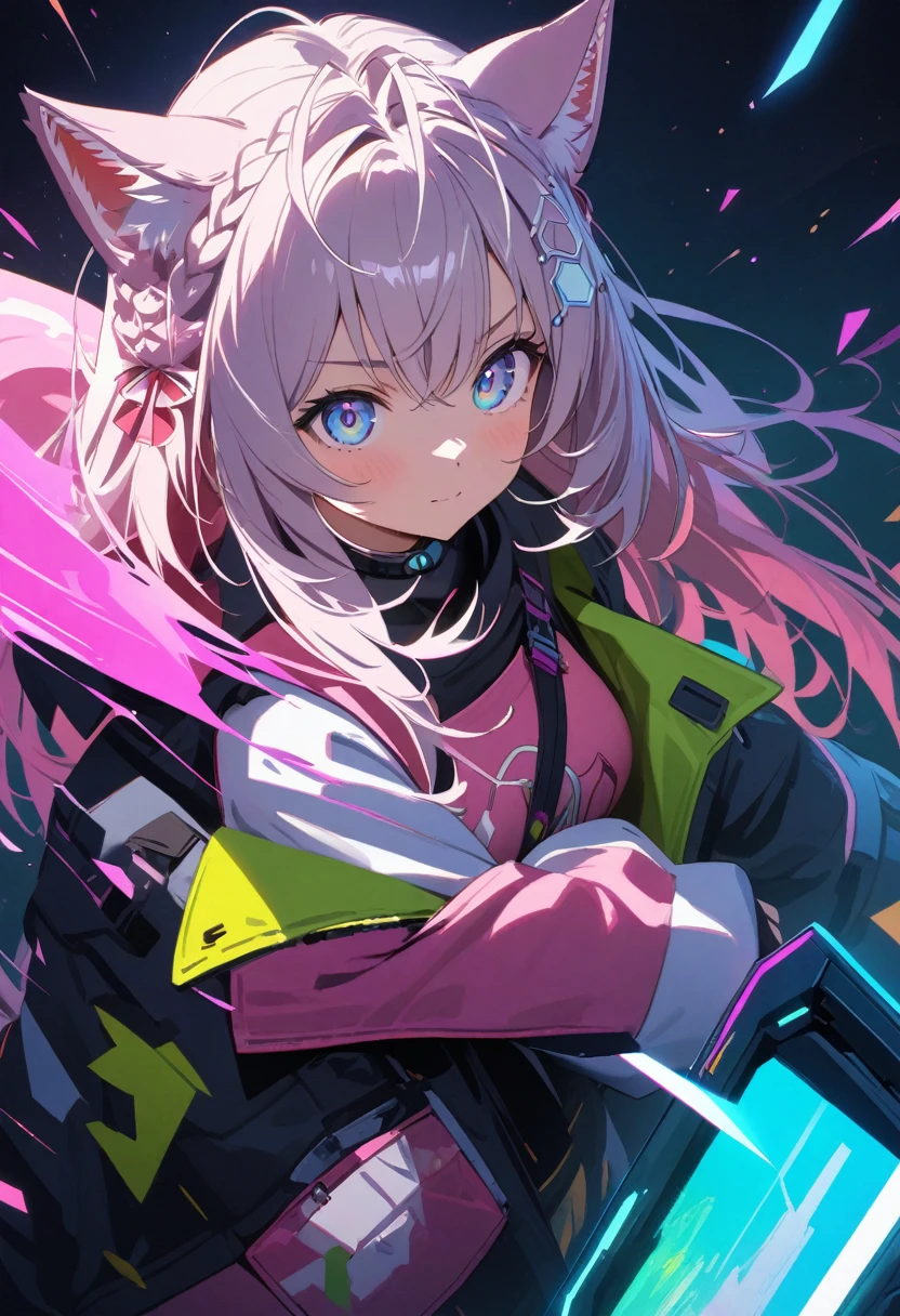 8K resolution, (highest quality), (masterpiece), 1girl,hakui koyori,hololive , cyberpunk style in black, white, grey and neon colors, energy-filled illustrations with dynamic brushstrokes in the style of a storybook illustration