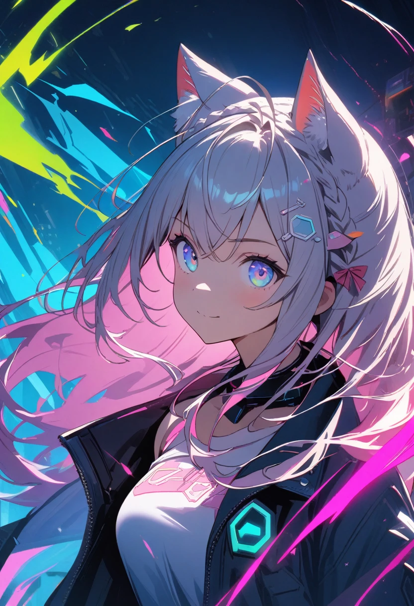 8K resolution, (highest quality), (masterpiece), 1girl,hakui koyori,hololive , cyberpunk style in black, white, grey and neon colors, energy-filled illustrations with dynamic brushstrokes in the style of a storybook illustration