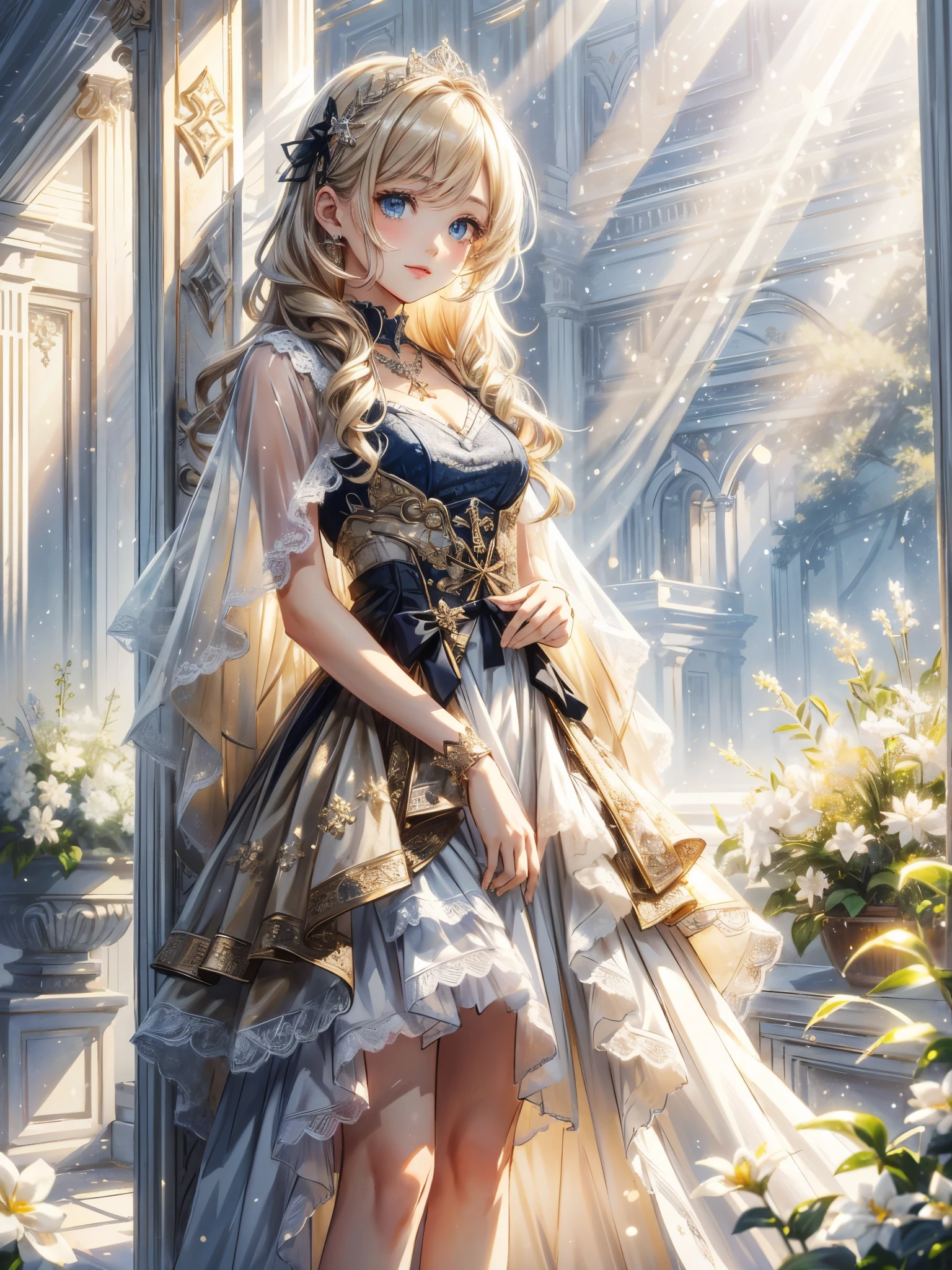 (​masterpiece),(top-quality:1.2),1girl in,(masuter piece:1.3),exquisitedetails, Highest quality 8K resolution, Ultra-detailed, Realistic, Vibrant colors, Soft tones, With warm and gentle lighting,(Smooth straight blonde hair:1.2),(Hair parted in the middle:1.3),(Glowing hair),(Dark blue eyes:1.3),White skin, hair clips,Small necklace,A gentle feeling overflows,The sun's rays illuminate joy and pure love, Warm golden glow,An atmosphere full of happiness and laughter, As if celebrating love,Ultra-detailed depiction and vivid colors,A style that combines romanticism and realism,depth of love,color palettes,Create an ethereal atmosphere like a dream,Soft and diffuse lighting,masterpiece artwork,  Woman standing against a wall wearing a beige dress and black boots, Beige, eora, ivory, soft silk dress, with cape, beige colors, ( ivory black ), asa, pastel, sandy beige, Olivia,  Dress, elegent, taupe, multilayered outfit