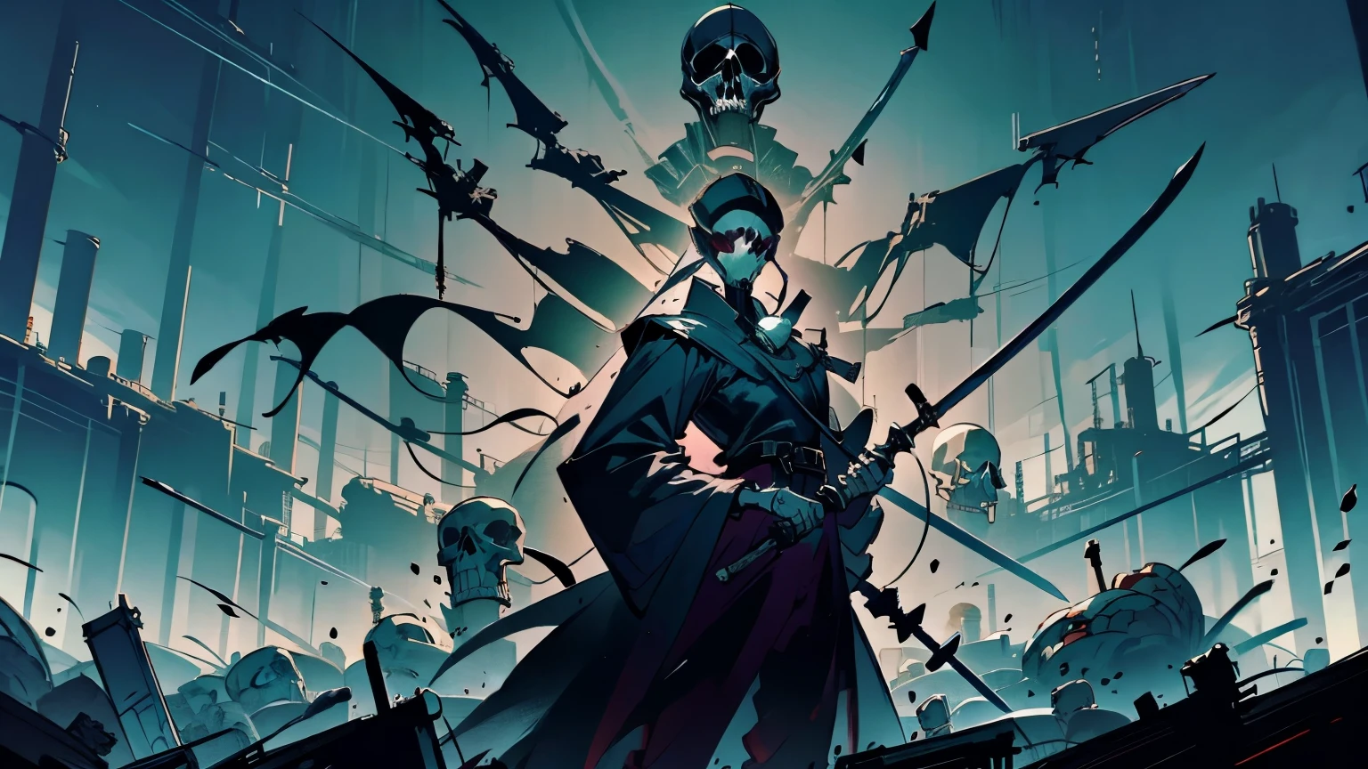 Wearing a black coat，skull head，Holding a 40-meter sword in the right hand and a small knife in the left hand，Prince of Darkness，Anime comic style，style artwork