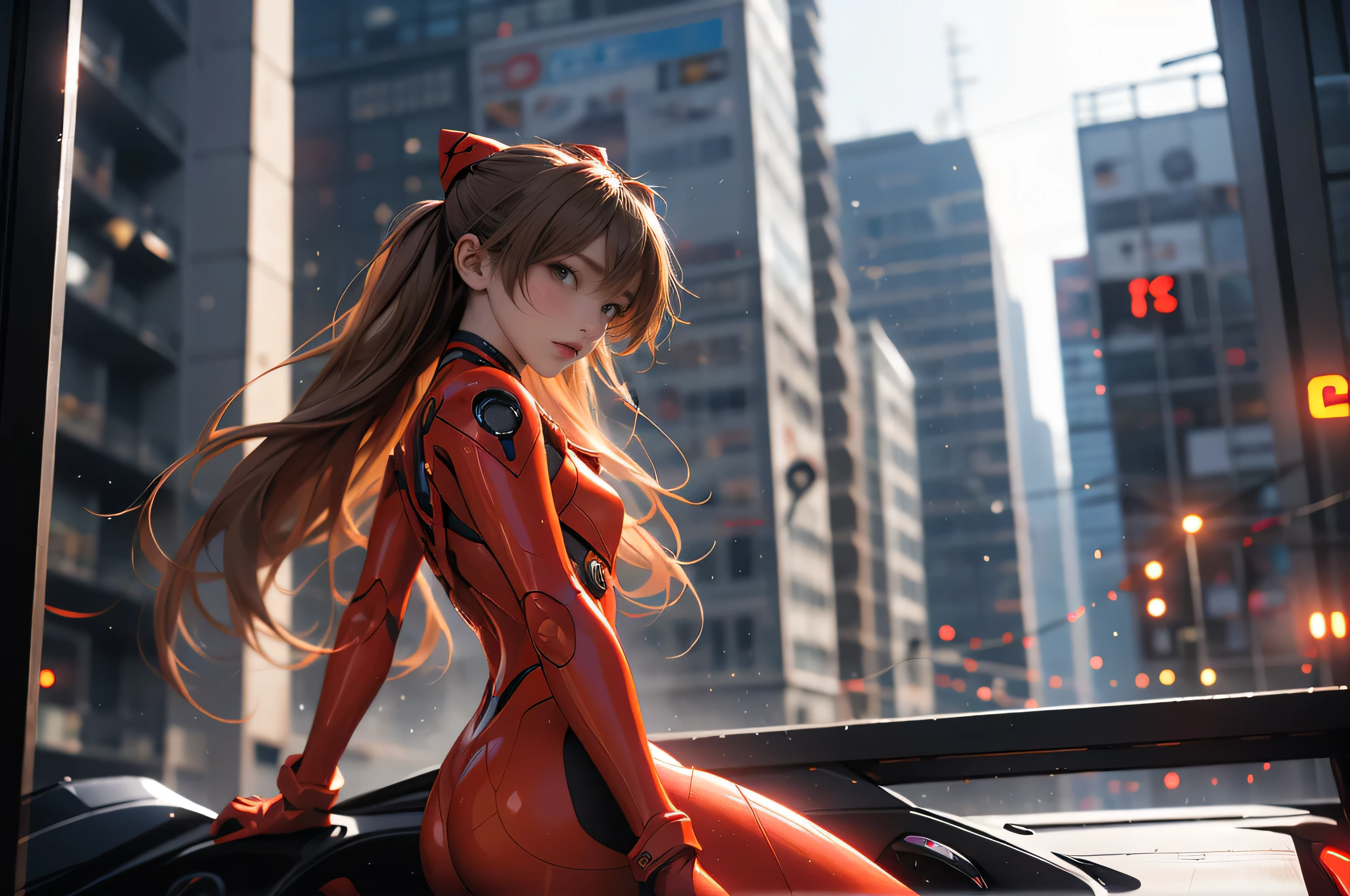 1girl, tank, cyber punk, Double Exposure, City Settings, headset, Overlooking, Asuka Langley Soryu