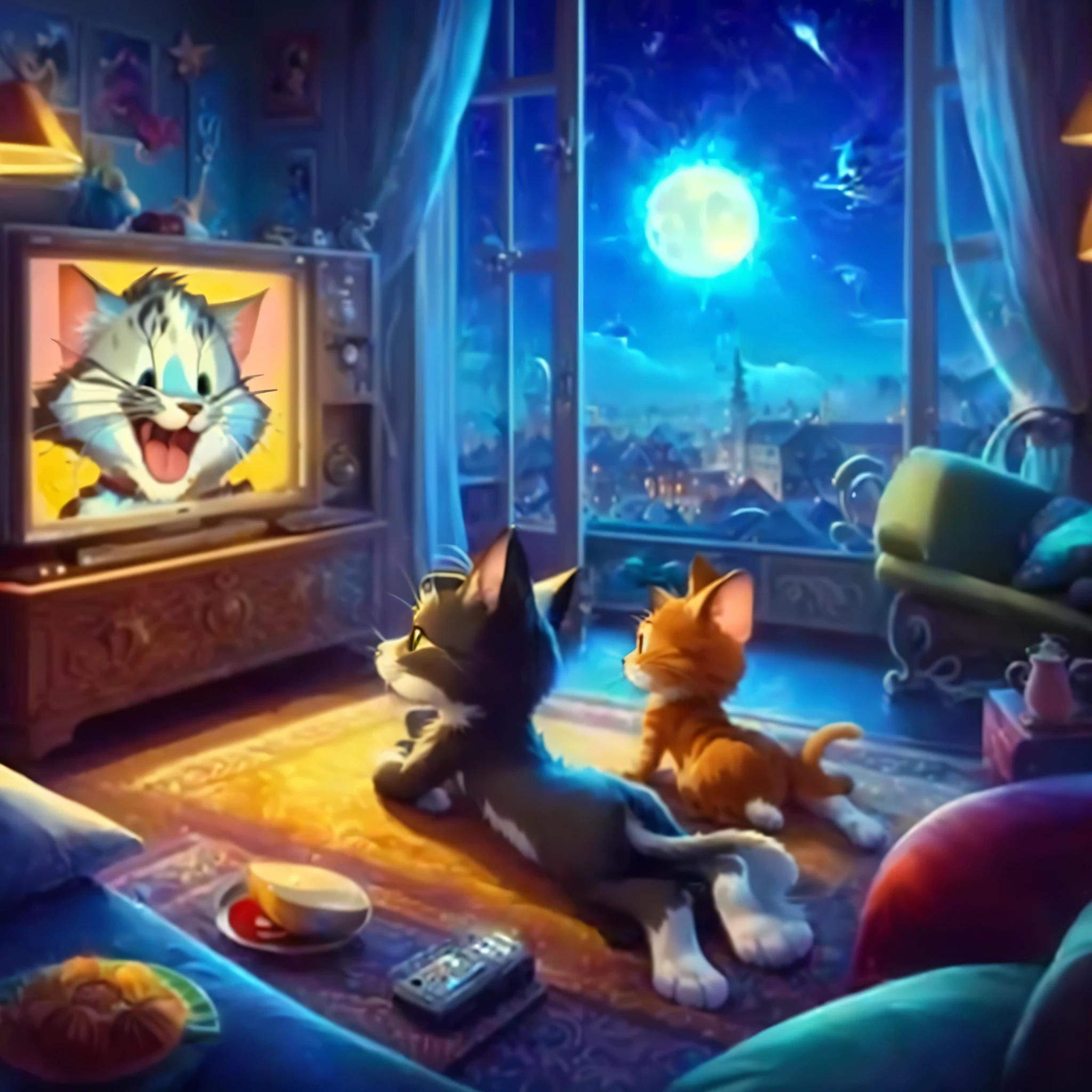 Cartoon cats watching a cat on tv in a living room - SeaArt AI