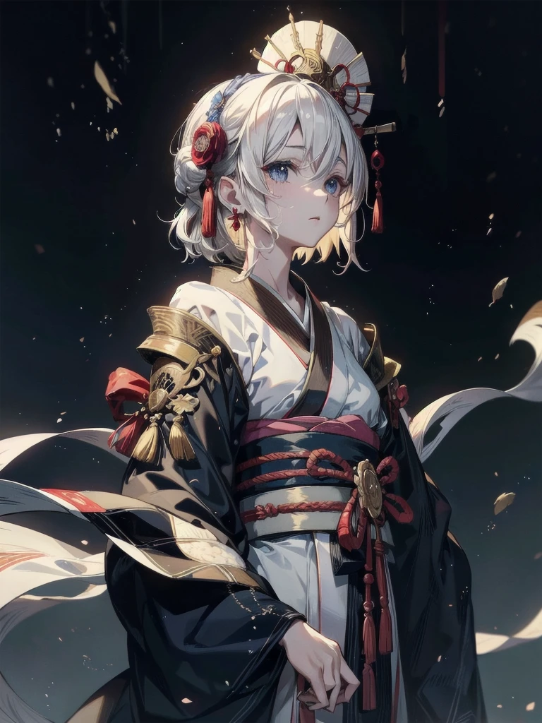 whole body, Anime character, aristocrat robe, kimono, haori, Taisho Era, Taisho Modern, absurdres, RAW photo, extremely delicate and beautiful, masterpiece, Best Quality, ultra high resolution, 32k, hyperrealistic, ultra-detailed, perfect figure, perfect shape, detailed description, pale skin, 20 years old, detailed beautiful face and eyes, tearful mole, earring, short medium hair, wavy hair,