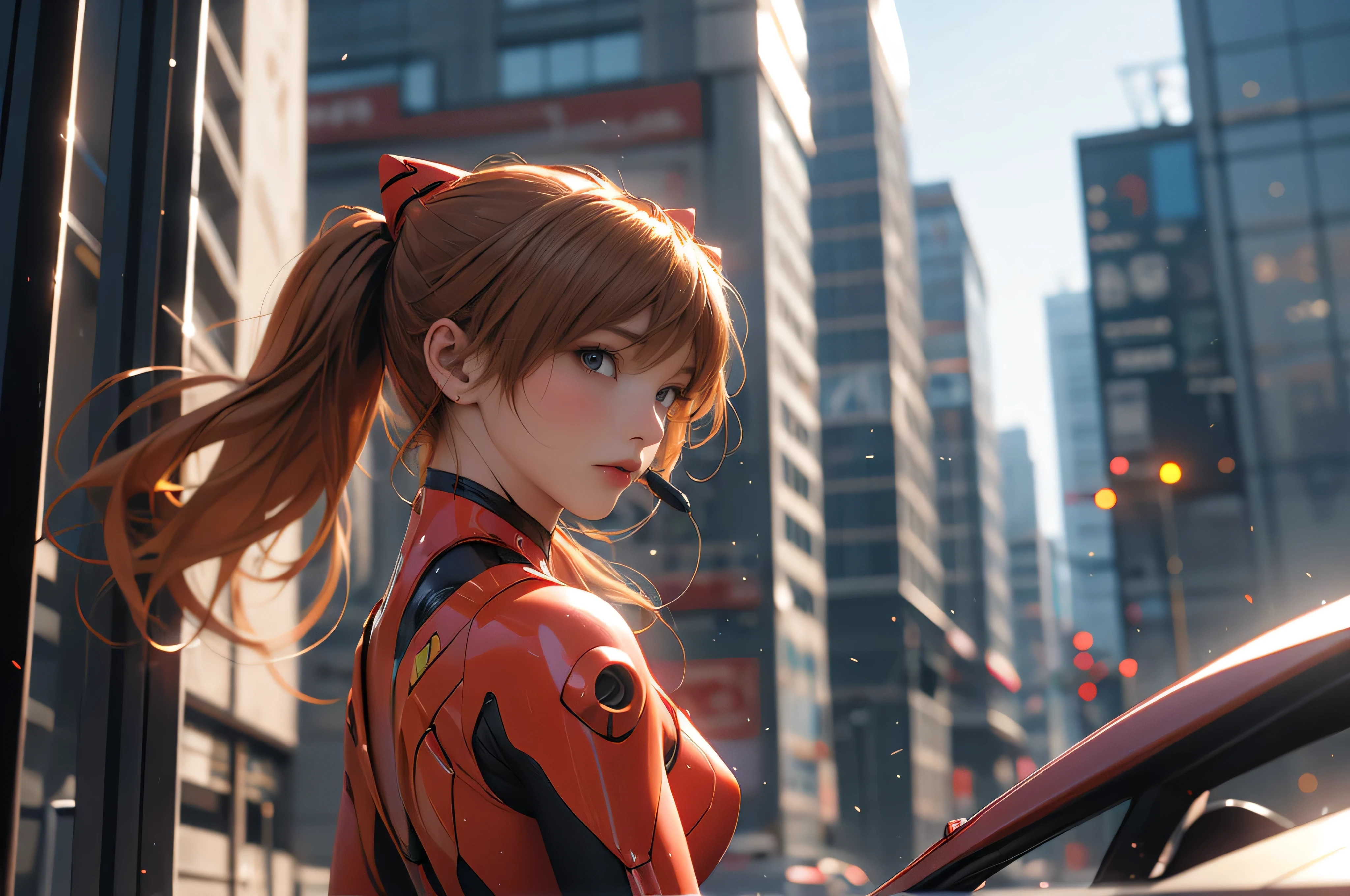 1girl, tank, cyber punk, Double Exposure, City Settings, headset, Overlooking, Asuka Langley Soryu