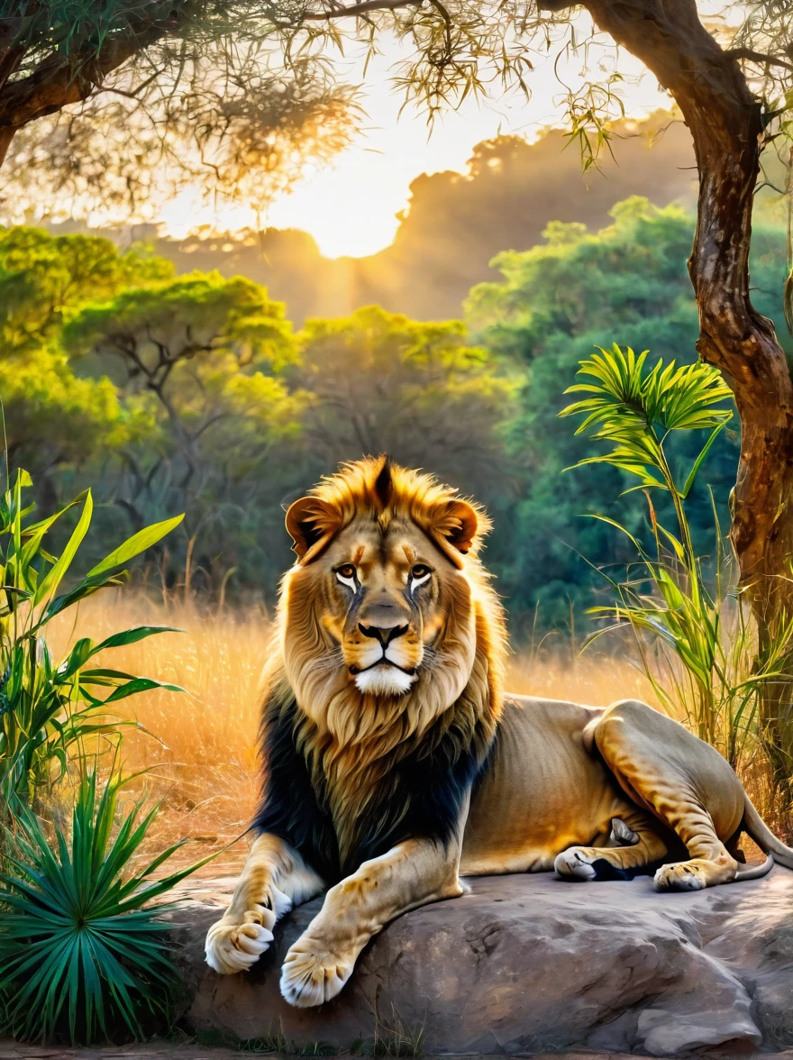 Imagine uma savana banhada pelas cores ricas do sol poente. No meio do alto, grama dourada, um leão está pronto, observando o entorno com uma intensidade serena típica do rei da selva. Seu corpo musculoso e majestoso, casaco elegante e dourado que brilha na luz moribunda do dia