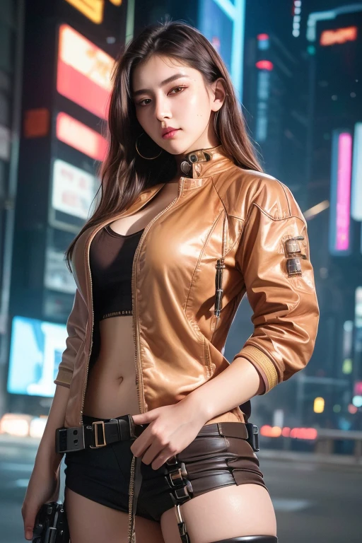 8k、RAW Photos、highest quality、Genuine、Realistic、Professional Lighting、(Digital Cyberpunk Art)、Beautiful Teenage Woman、1 female、Big and beautiful eyeedium chest、Brown hair semi-long hair、((Cyberpunk clothing))、((Dressed as a gunslinger))、Cyberpunk city、Holding a gun