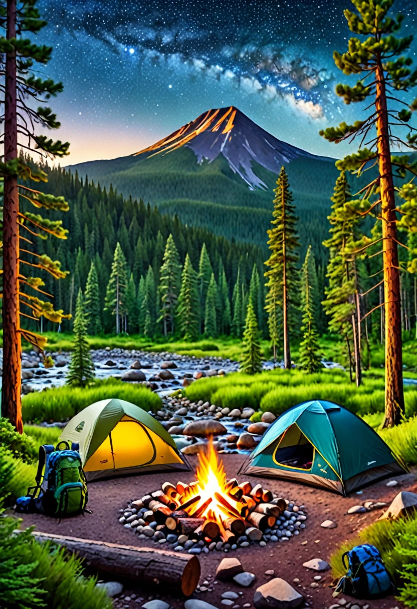 A scenic outdoor camping scene, a pine forest with mountains in the background, a campfire with people sitting around it, a tent set up in the foreground, a starry night sky overhead, sunlight filtering through the trees, lush green foliage, detailed rocks and logs, a babbling brook nearby, birds flying in the distance, warm campfire glow, adventurous hikers, backpacks and camping gear, (best quality,4k,8k,highres,masterpiece:1.2),ultra-detailed,(realistic,photorealistic,photo-realistic:1.37),landscape,vivid colors,natural lighting