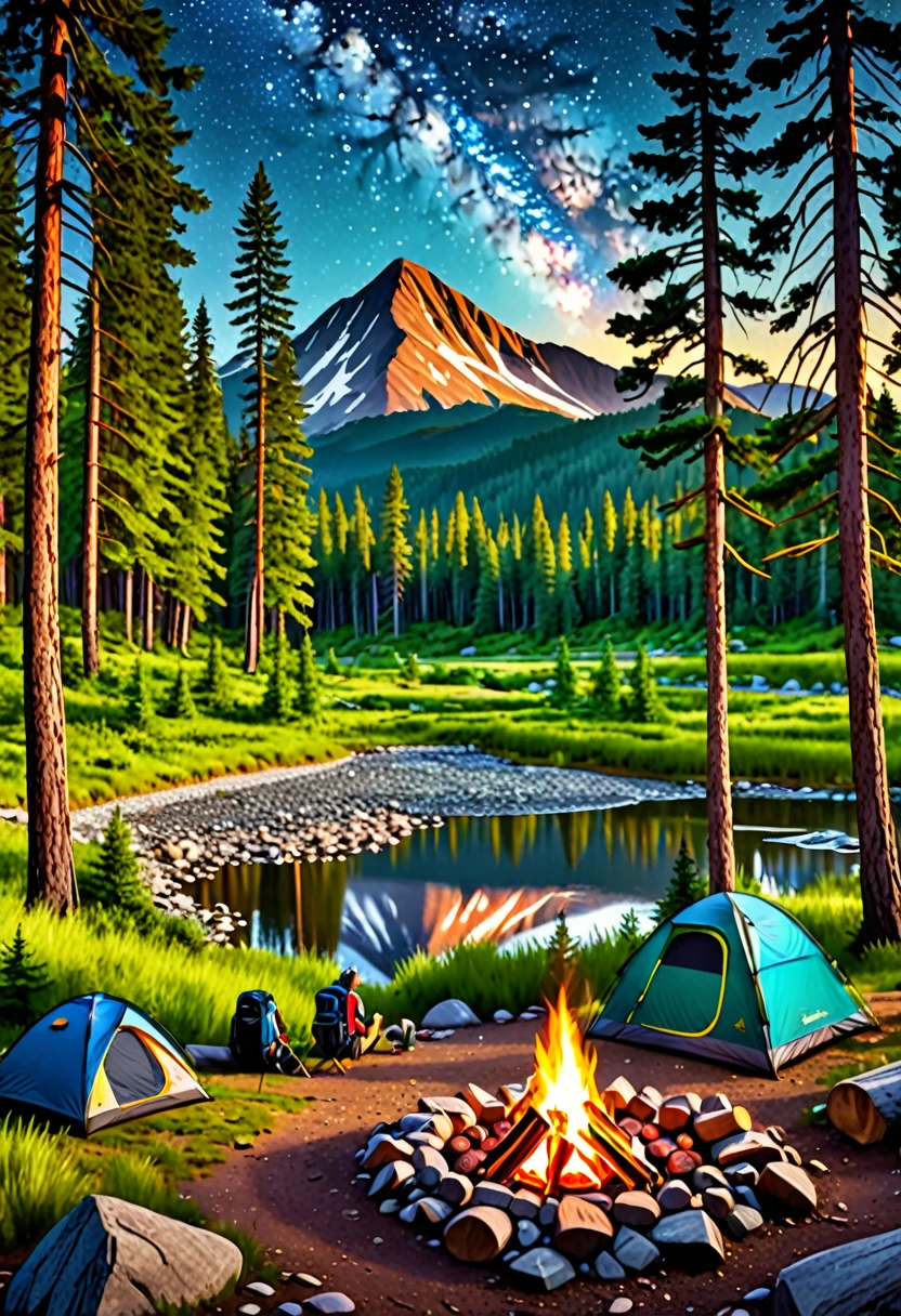 A scenic outdoor camping scene, a pine forest with mountains in the background, a campfire with people sitting around it, a tent set up in the foreground, a starry night sky overhead, sunlight filtering through the trees, lush green foliage, detailed rocks and logs, a babbling brook nearby, birds flying in the distance, warm campfire glow, adventurous hikers, backpacks and camping gear, (best quality,4k,8k,highres,masterpiece:1.2),ultra-detailed,(realistic,photorealistic,photo-realistic:1.37),landscape,vivid colors,natural lighting