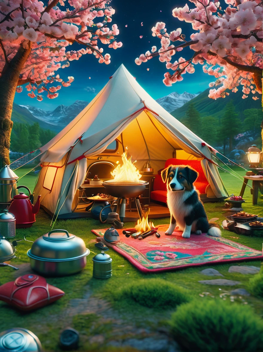 素敵なウールフェルトの世界でミニチュア画像を作成，(春のキャンプ場:1.3)，家族，犬，桜，テント，バーベキューグリルと夏の風景，シーンはライトでレンダリングされます，ピクサーアニメーションを彷彿とさせる技術とスタイルを採用，Octane RenderとMaxon Cinema 4Dを使用して非常に詳細な3Dを生成する，8K，暖かい光を使ってムード照明を強調する，そして、ショットをロングショットまたは超ロングショットとして固定します，幅広いディテールと雰囲気を捉える