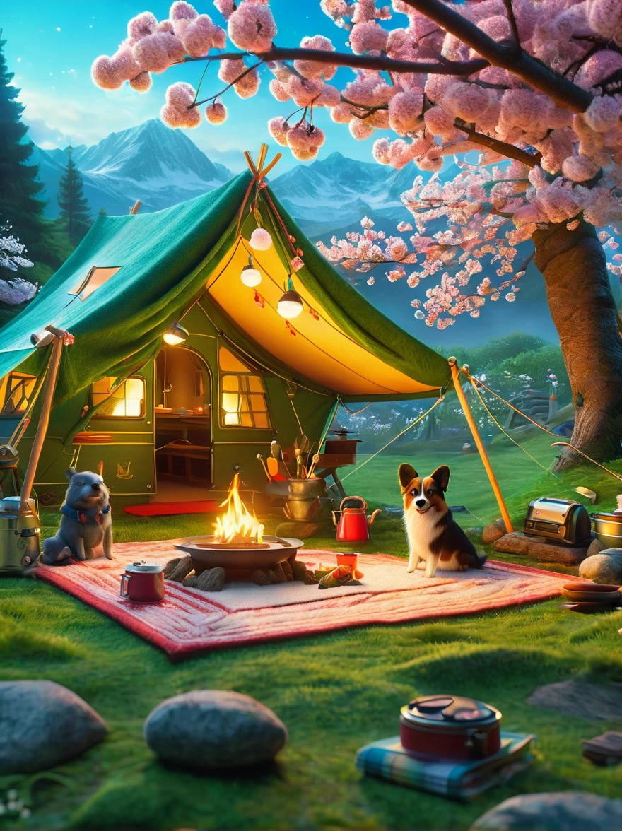 Создавайте миниатюрные изображения в прекрасном мире шерстяного фетра.，(Весенний кемпинг:1.3)，семья，Собака，Цветение вишни，палатка，Гриль-барбекю и летний пейзаж，Сцена визуализируется с освещением，Использование технологий и стиля, напоминающего анимацию Pixar.，Использование Octane Render и Maxon Cinema 4D для создания высокодетализированного 3D-изображения.，8К，Используйте теплый свет, чтобы подчеркнуть настроение.，И заморозьте кадр как дальний или сверхдальний план.，Чтобы передать широкий спектр деталей и атмосферы.