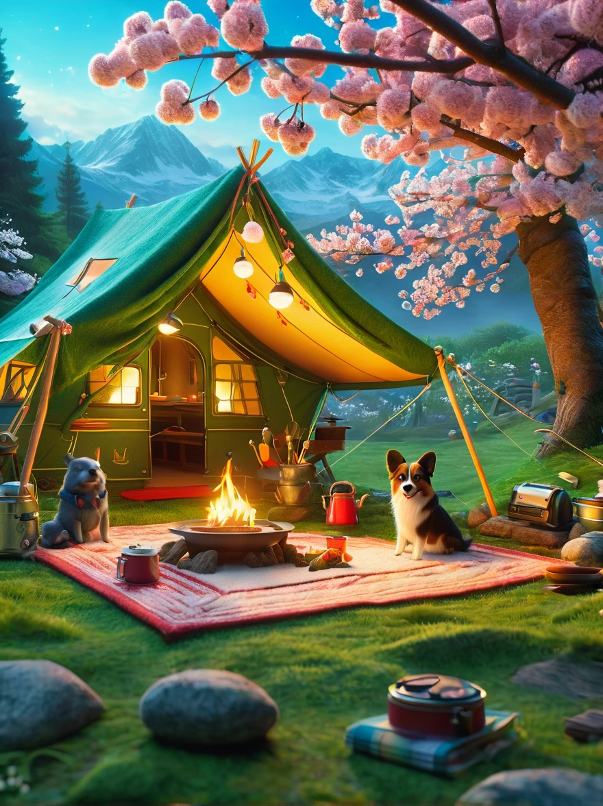 Create miniature images in a lovely wool felt world，(Spring camping site:1.3)，family，dog，Cherry blossoms，tent，BBQ grill and summer landscape，The scene is rendered with lights，Using technology and style reminiscent of Pixar animations，Using Octane Render and Maxon Cinema 4D to generate highly detailed 3D，8k，Use warm light to emphasize mood lighting，And freeze the shot as a long shot or super long shot，To capture a wide range of details and atmosphere