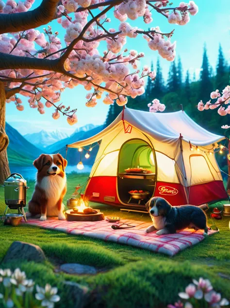 Create miniature images in a lovely wool felt world，(Spring camping site:1.3)，family，dog，Cherry blossoms，tent，BBQ grill and summ...
