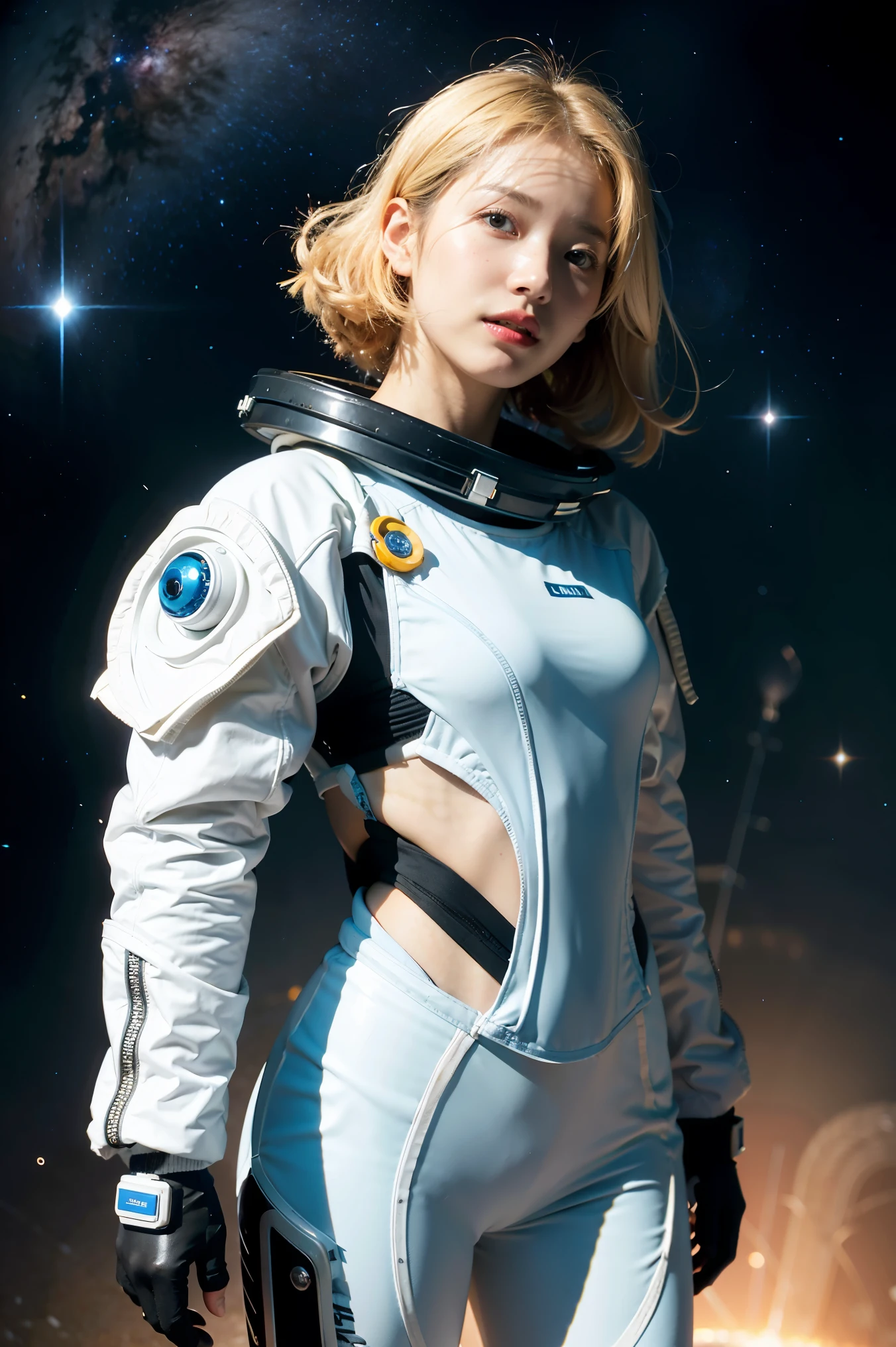 (best quality, masterpiece), 1girl, pose, particle, wind, flower, upper body, simple background, looking at viewer, blonde, galaxy, space suit, 