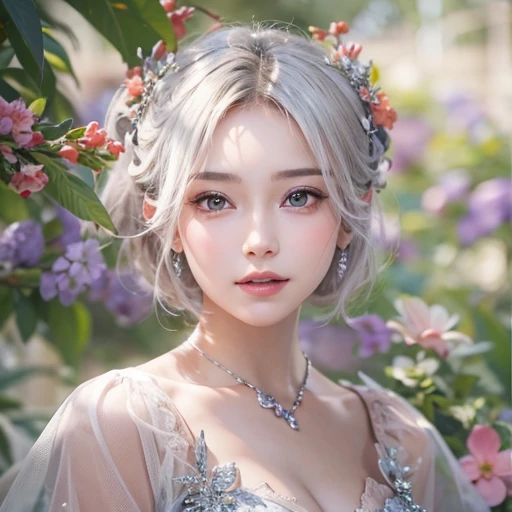 (masterpiece:1.3), (8k, Realistic, RAW Photos, Best image quality: 1.4), Fair-skinned fairy woman、short hair、Cleavage:2.0、Highly detailed face、Attention to detail、double eyelid、Sharp focus:1.2、Beautiful woman:1.4、Silvery white hair、highest quality、masterpiece、Ultra-high resolution、(Realistic:1.4)、Highly detailed and professionally lit smiles、Loose, Light,Japanese high 、 one person、whole body,　I eat breakfast 