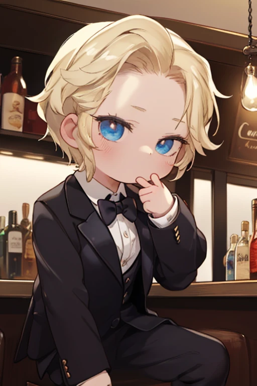 masterpiece, highest quality, 16k、High resolution, Cowboy Shot、Detailed face、Perfect Fingers、20-year-old woman、a beautiful woman dressed as a man 、blue eyes、Hanging eyes、blonde、short hair、Black tuxedo、Red bow tie、Black slacks、bar counter、Sit at the counter、Thugs in suits