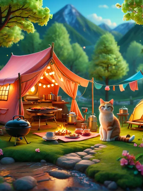 Create miniature images in a lovely wool felt world，(Spring camping site:1.3)，1girl，Cat，Peach Blossom，tent，BBQ grill and summer ...