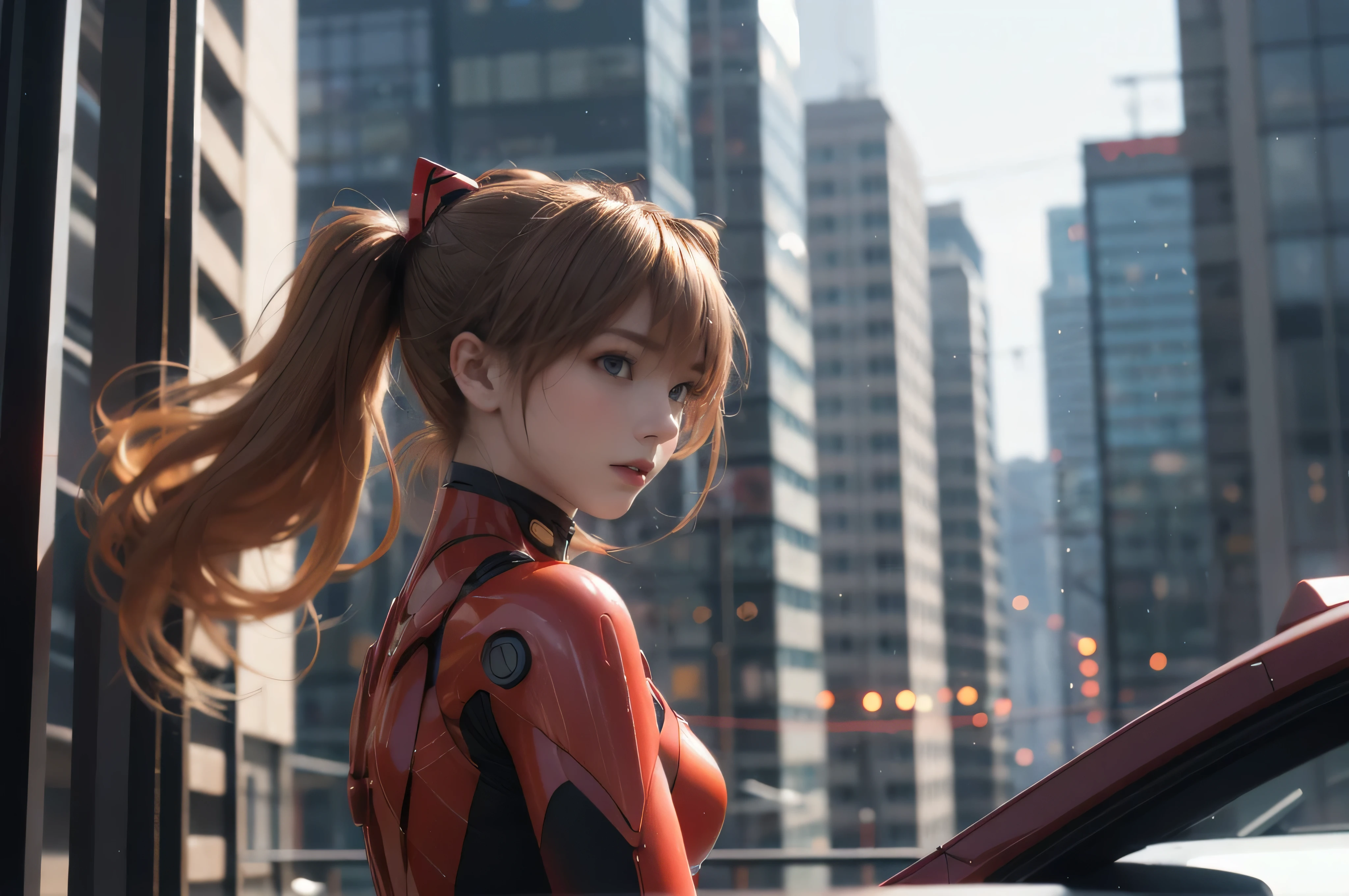 1girl, tank, cyber punk, Double Exposure, City Settings, headset, Overlooking, Asuka Langley Soryu