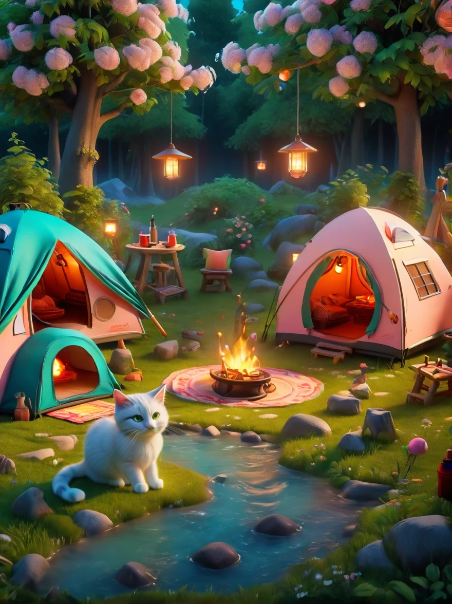 Créez des images miniatures dans un joli monde de feutre de laine，(Style feutre de laine:1.5)，(Camping d&#39;été:1.3)，(1fille)，chat，fleur de pêche，Tente，Barbecue et paysage d&#39;été，La scène est rendue avec des lumières，Utiliser une technologie et un style rappelant les animations Pixar，Utilisation d&#39;Octane Render et de Maxon Cinema 4D pour générer une 3D très détaillée，8k，Utilisez une lumière chaude pour mettre en valeur l’éclairage d’ambiance，Et figer le plan comme un plan long ou un plan super long，Pour capturer un large éventail de détails et d’atmosphères