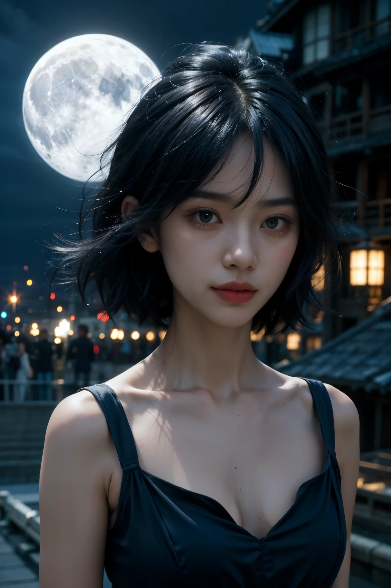 a beautiful Japanese woman, Short black hair, black eyes, A sad look, eyes filled with tears, in a black dress, black heels, On the roof of a building, night has fallen, a full moon in the distance ,(Best quality,4k,8k,high resolution,masterpiece:1.2),Ultra-detailed,(Realistic,photo-Realistic,photo-Realistic:1.37),portraits,deep blue color tones,Studio lighting vibrant