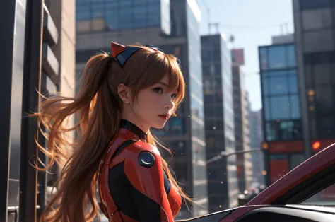 1girl, tank, cyber punk, double exposure, city settings, headset, overlooking, asuka langley soryu