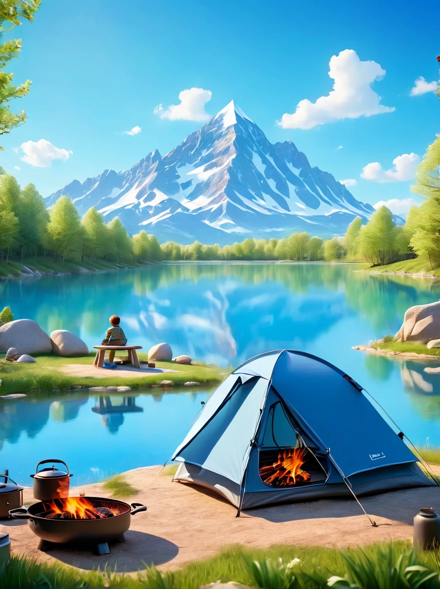(1 boy:1.3)，trip，The real situation，(Tented campsite:1.5)，Spring Outing，lake，natural scenery，barbecue，Blue sky natural background，Clay Materials，Clean background，Skyline design，3D，c4d，Blender，Natural light，Lighting photo，Very rich edge light details，Intricate details，8K, Ultra HD, masterpiece, precise, Anatomically correct, Textured Skin, The award-winning