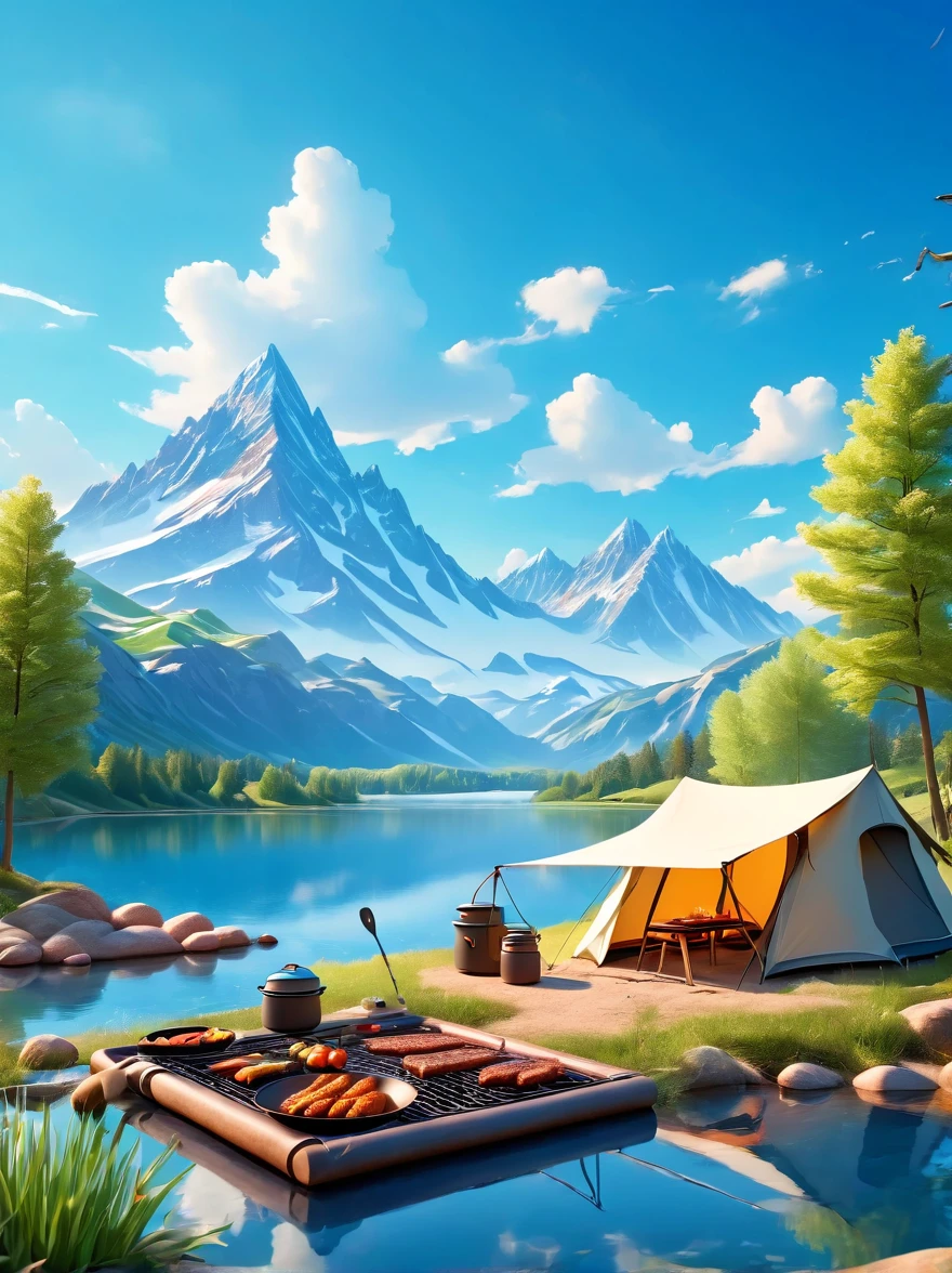(1 boy:1.3)，trip，The real situation，(Tented campsite:1.5)，Spring Outing，lake，natural scenery，barbecue，Blue sky natural background，Clay Materials，Clean background，Skyline design，3D，c4d，Blender，Natural light，Lighting photo，Very rich edge light details，Intricate details，8K, Ultra HD, masterpiece, precise, Anatomically correct, Textured Skin, The award-winning