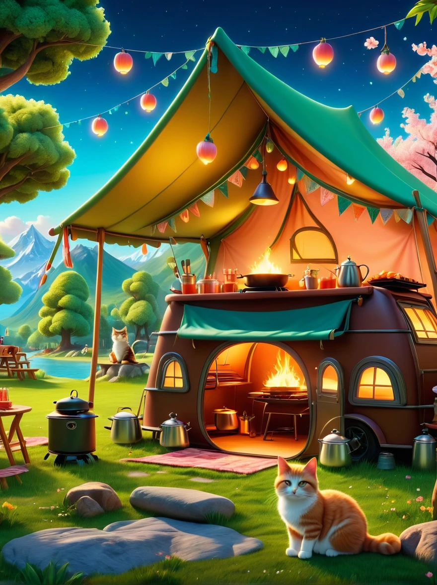 Create miniature images in a lovely wool felt world，(Wool felt style:1.5)，(Summer camping site:1.3)，(1girl)，Cat，Peach Blossom，tent，BBQ grill and summer landscape，The scene is rendered with lights，Using technology and style reminiscent of Pixar animations，Using Octane Render and Maxon Cinema 4D to generate highly detailed 3D，8k，Use warm light to emphasize mood lighting，And freeze the shot as a long shot or super long shot，To capture a wide range of details and atmosphere