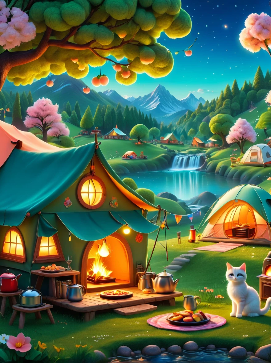 Create miniature images in a lovely wool felt world，(Wool felt style:1.5)，(Summer camping site:1.3)，(1girl)，Cat，Peach Blossom，tent，BBQ grill and summer landscape，The scene is rendered with lights，Using technology and style reminiscent of Pixar animations，Using Octane Render and Maxon Cinema 4D to generate highly detailed 3D，8k，Use warm light to emphasize mood lighting，And freeze the shot as a long shot or super long shot，To capture a wide range of details and atmosphere