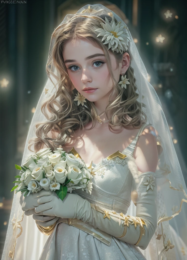 Starlight from 'The Boys', beautiful girl, masterpiece, best quality, 8K animation, detailed fingers, precise fingers, not unnatural hands, illustration, 1 girl, solo, long white lace veil, flower hair ornament, white wedding dress, long gloves