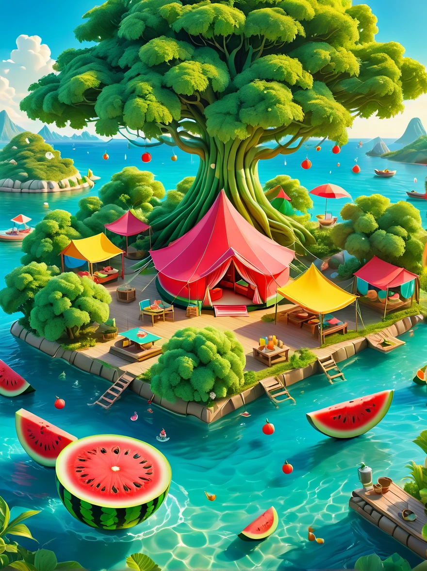 3D illustration of a watermelon tent floating on the sea，3D miniature scene，Summer，Island，Campsites and tents，Under the big tree，Neatly arranged goods，Children eating watermelon，happy，Vibrant colors，Bold color scheme，Miniature landscape with sky as background，Dreamlike realistic scene，All rendered with wide-angle lenses and depth of field，Create a paper art illustration style with axial shift photography effects and ultra-sharp details，Bright colors，The color scheme is bold
