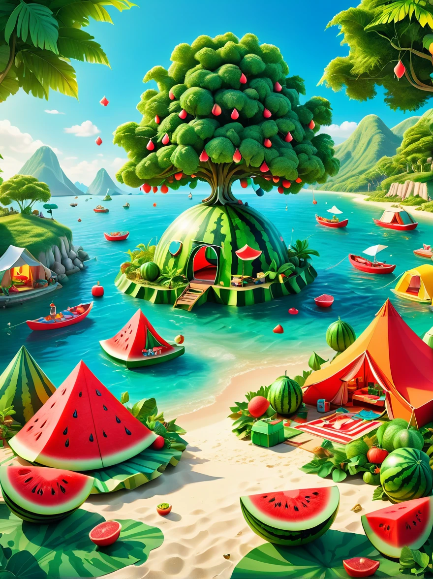 3D illustration of a watermelon tent floating on the sea，3D miniature scene，Summer，Island，Campsites and tents，Under the big tree，Neatly arranged goods，Children eating watermelon，happy，Vibrant colors，Bold color scheme，Miniature landscape with sky as background，Dreamlike realistic scene，All rendered with wide-angle lenses and depth of field，Create a paper art illustration style with axial shift photography effects and ultra-sharp details，Bright colors，The color scheme is bold