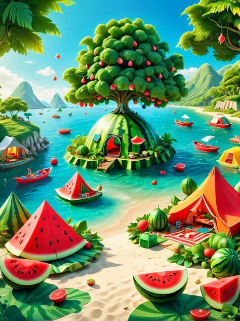 3d illustration of a watermelon tent floating on the sea，3d miniature scene，summer，island，campsites and tents，under the big tree...